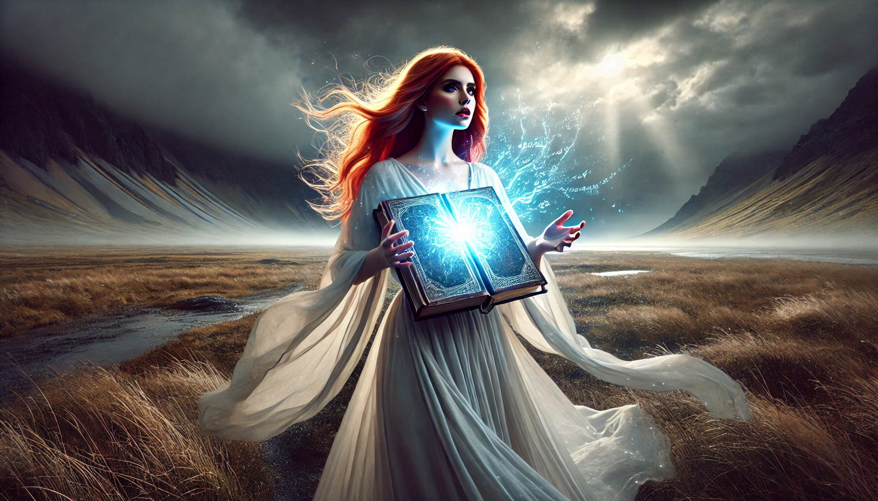 Femme initiatique tenant un livre lumineux dans un paysage sauvage, symbole de la loyauté à soi et de la Légende Personnelle