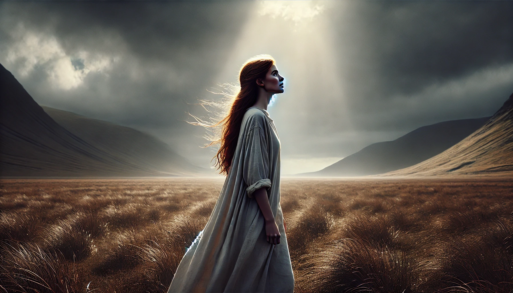 Jeune femme guidée par la lumière de sa foi - début du voyage initiatique - Code Lumière