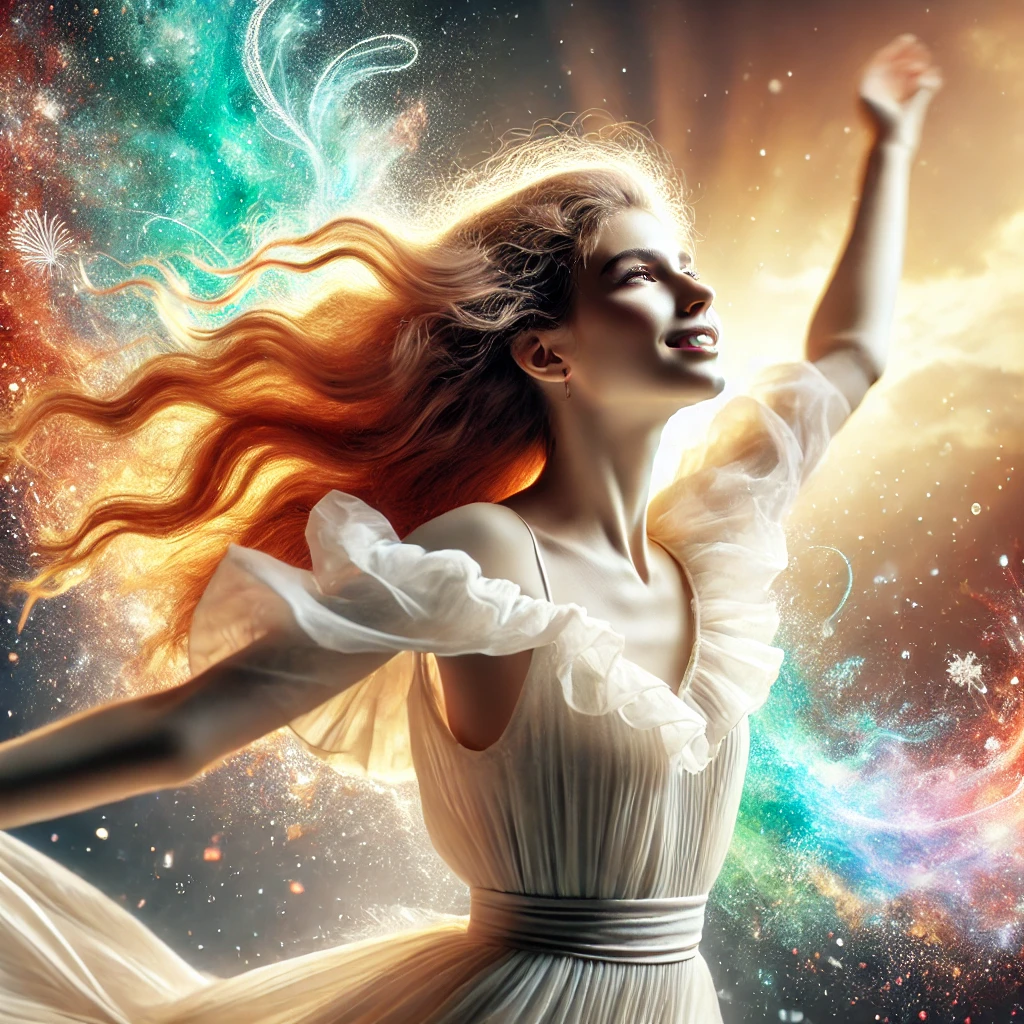 DALL·E 2026-02-09 21.56.26 - A luminous, symbolic scene expressing inner liberation and joy, showing the same young woman recognizable by her delicate facial features and natural jeune femme dans un arc-en-ciel de couleurs - symbole de libération intérieure