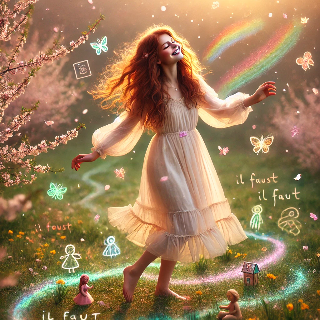DALL·E 2026-02-17 22.34.51 - A symbolic, luminous spring scene representing “Liberating the Inner Child.” The same young woman with natural auburn red hair and a soft flowing ruff Jeune femme qui retrouve sa joie et son élan intérieur