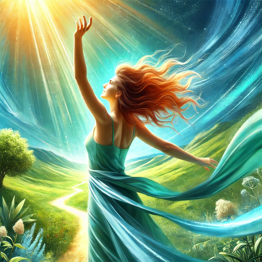 DALL·E 2026-02-25 14.49.42 - A symbolic, luminous scene in the same visual universe as before. The same young woman with natural auburn red hair appears healthy, radiant, and embo Femme lumineuse en mouvement vers la lumière symbolisant motivation et mise en action – Atelier développement personnel à Tours