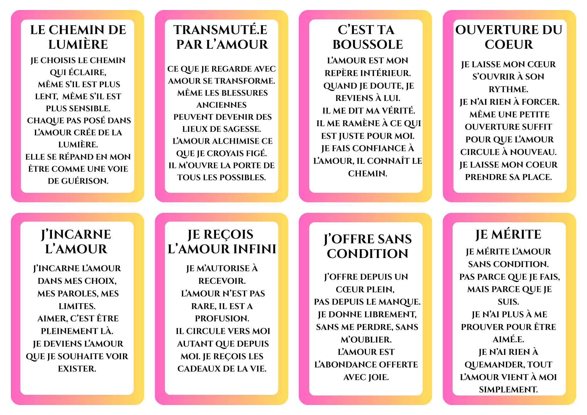 Cartes du jeu Code Lumière illustrant les 7 Préceptes d’Or : amour, force, pardon et résilience