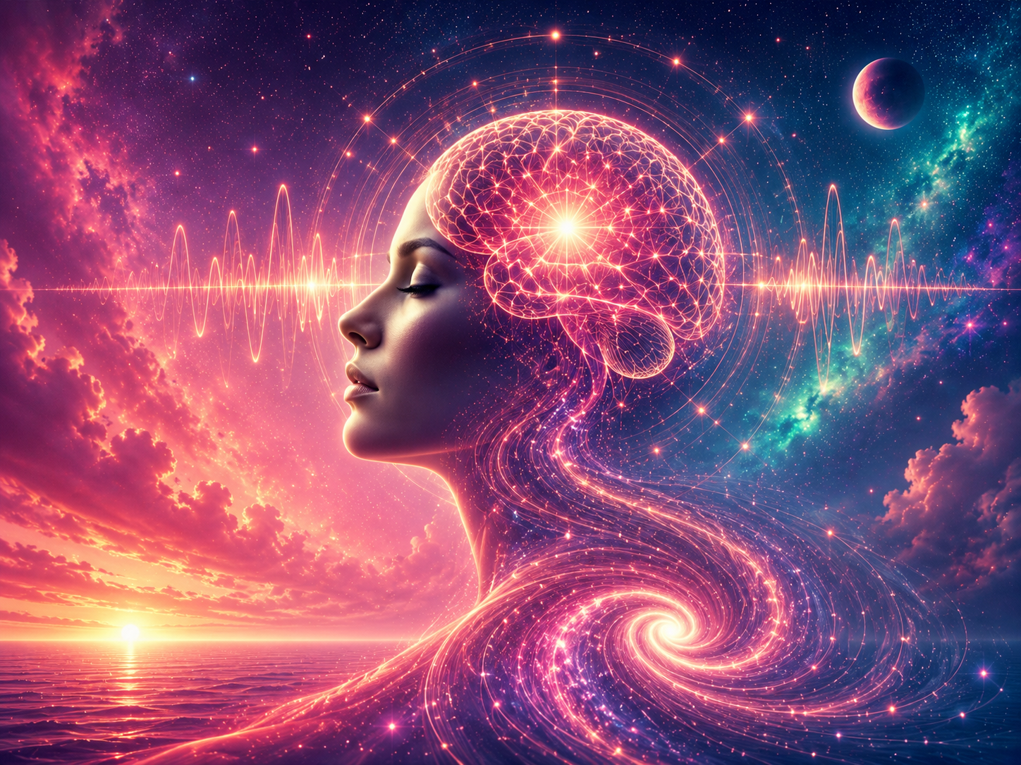 femme dans un univers onirique et forte activité cérébrale  représentant l'hypnose