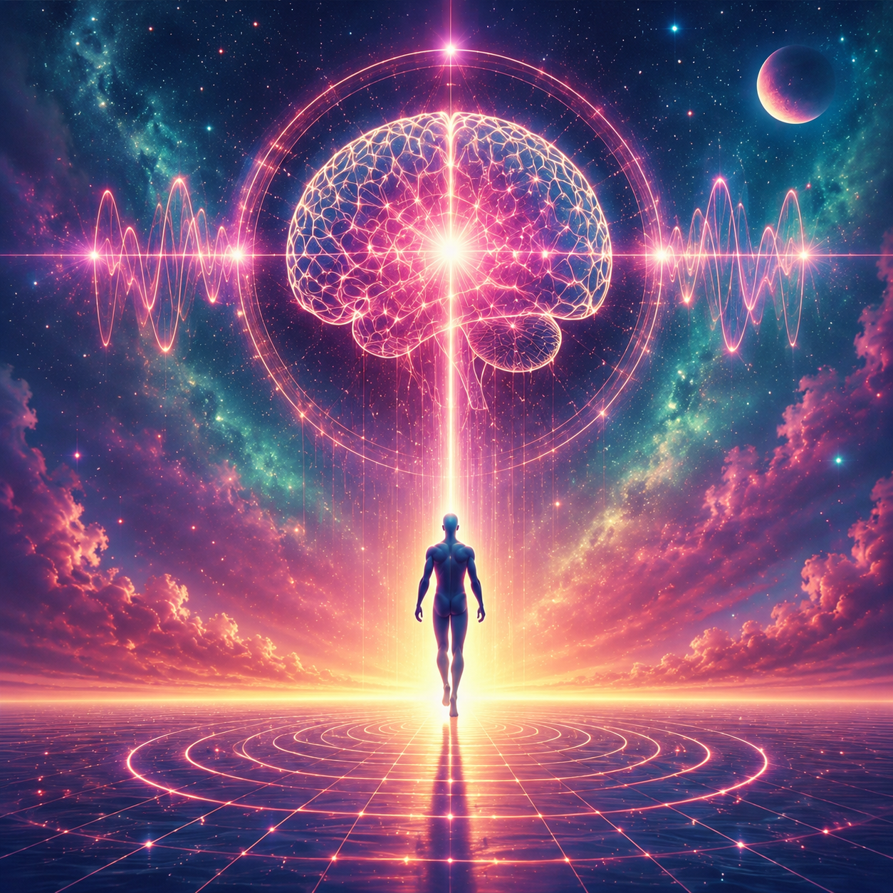 Un homme debout sur un chemin cosmique srplombé par un cerveau en activité, symbolisant l'hypnose