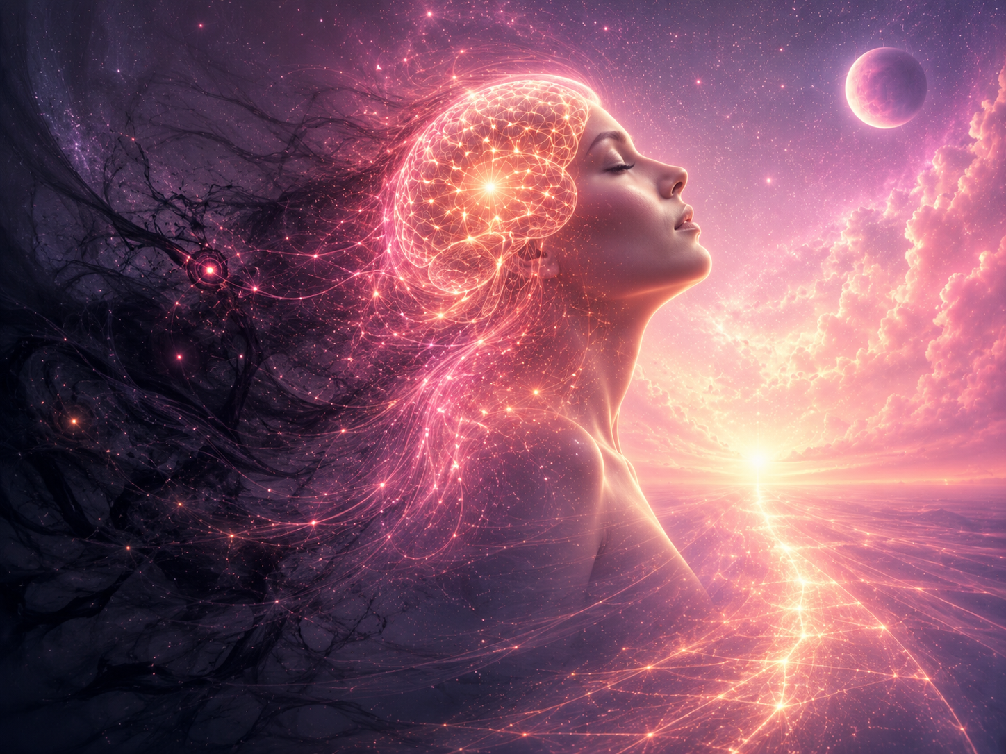 Jeune femme dans un décor cosmique avec la représentation de l'activité de son cerveau et un travail sur l'ombre - hypnose archétypale